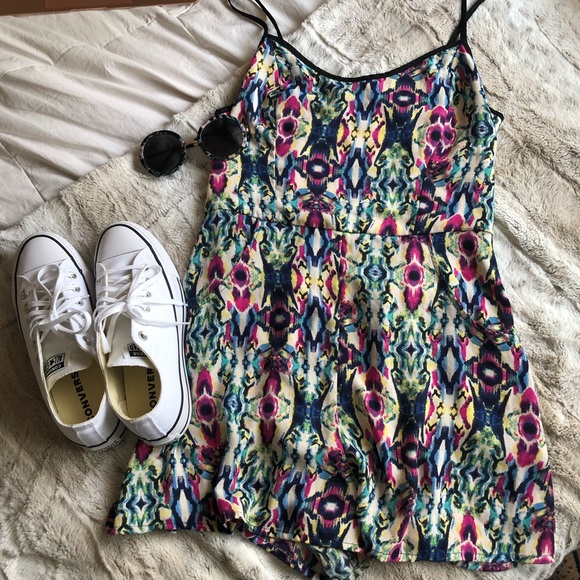 MULTI COLORED SHIRRED PATTERNED CAMI ROMPER - Picture 3 of 4